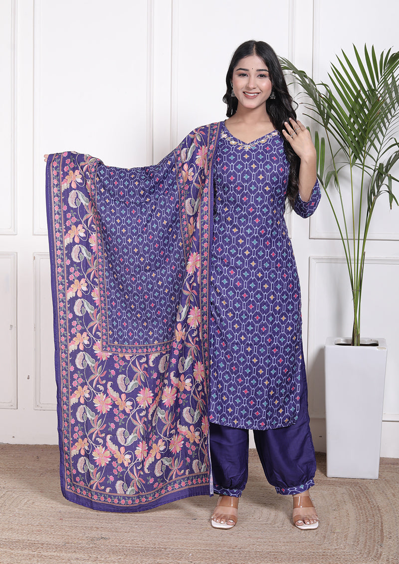 Miramaar Women's Blue Muslin V-Neck Kurta Set with Dupatta