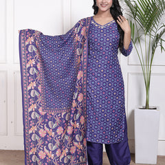 Miramaar Women's Blue Muslin V-Neck Kurta Set with Dupatta