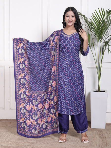 Miramaar Women's Blue Muslin V-Neck Kurta Set with Dupatta