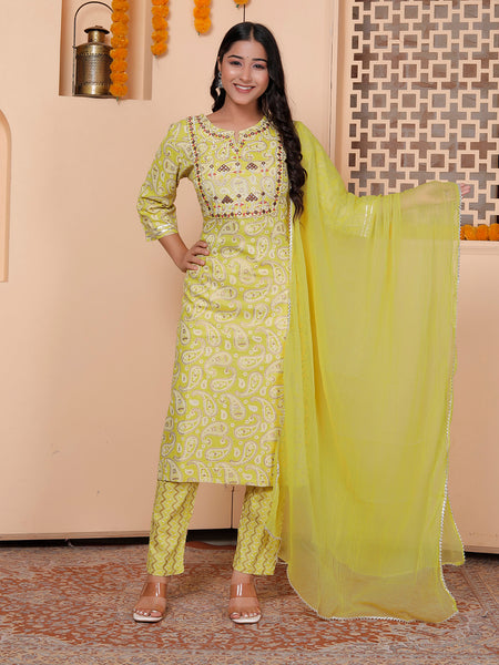 Miramaar Women's Lime Green Rayon Straight Kurta Set with Dupatta