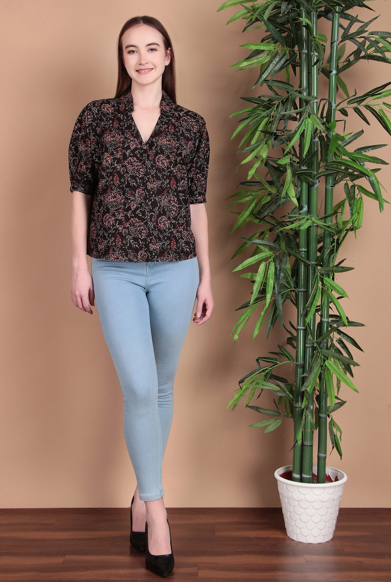 Miramaar Women's Cotton Printed Black Regular Top