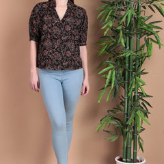 Miramaar Women's Cotton Printed Black Regular Top