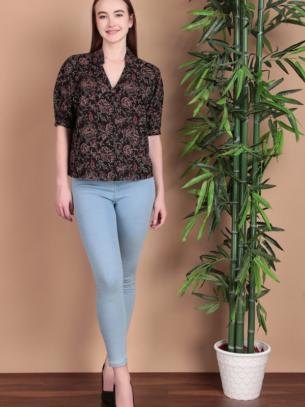 Miramaar Women's Cotton Printed Black Regular Top