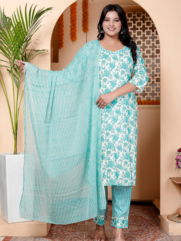 Miramaar Women's Light Blue Round Neck Embroidered Straight Kurta Pant with Dupatta