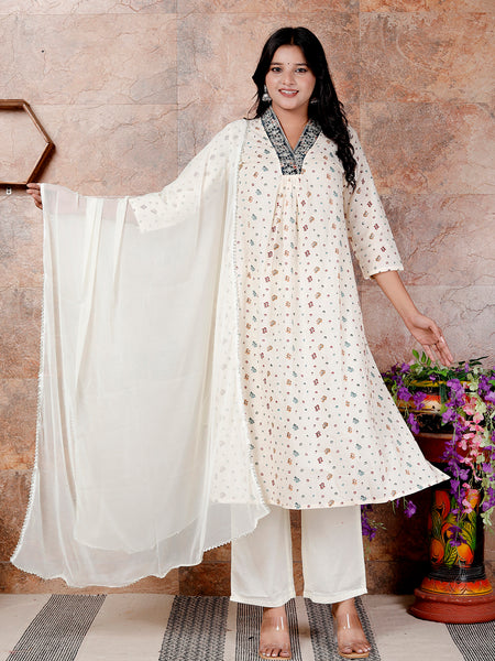 Miramaar Women's Off White Printed Cotton Straight Kurta Pant with Dupatta