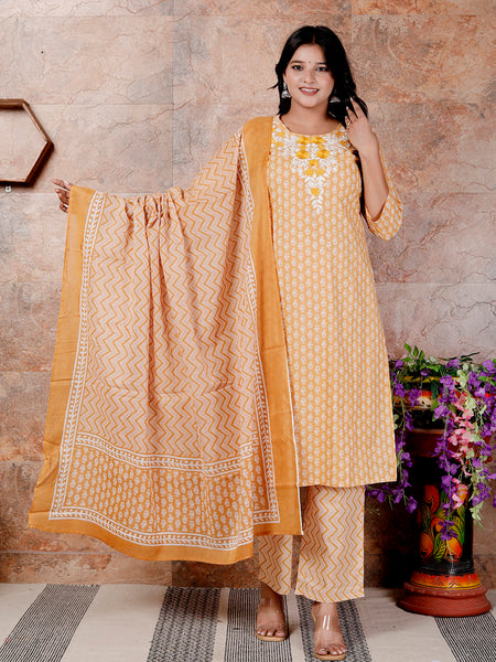 Miramaar Women's Mustard Cotton Straight Neck Embroidered Kurta Set with Dupatta