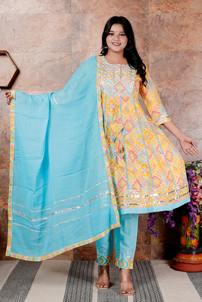 Miramaar Women's Yellow & Blue Cotton Anarkali Embroidered Kurta Pant with Dupatta
