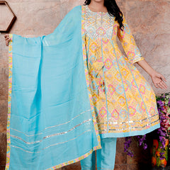 Miramaar Women's Yellow & Blue Cotton Anarkali Embroidered Kurta Pant with Dupatta
