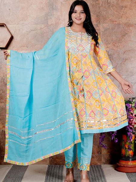 Miramaar Women's Yellow & Blue Cotton Anarkali Embroidered Kurta Pant with Dupatta