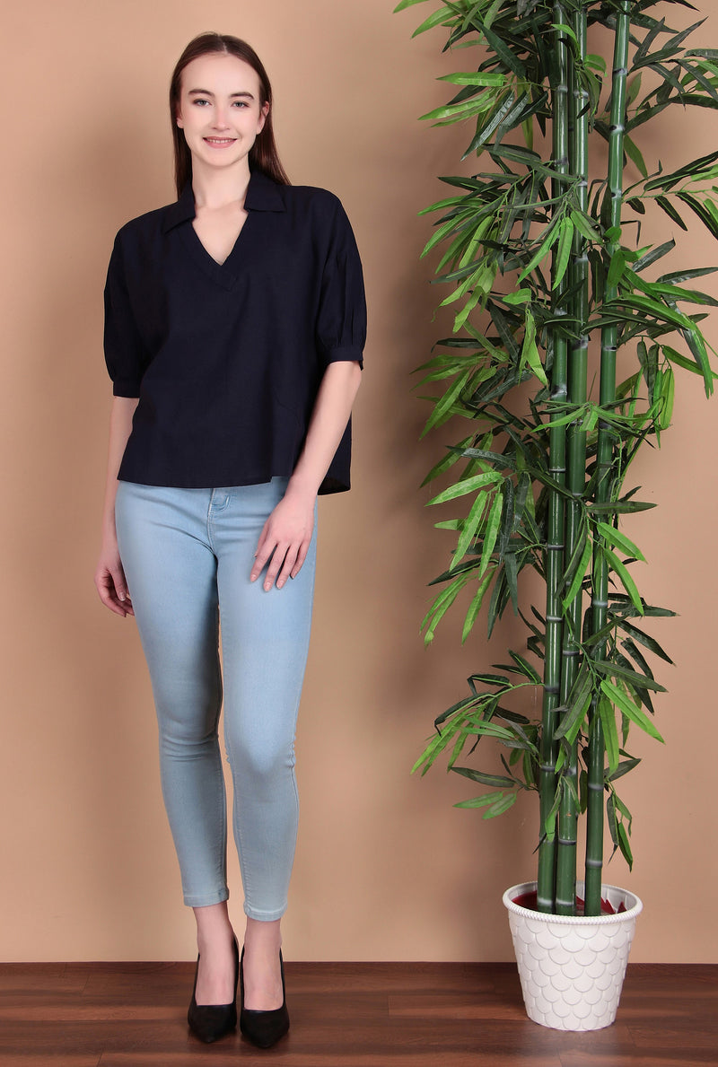 Miramaar Women's Cotton Flex Solid Blue Regular Top