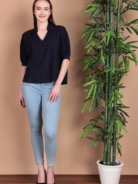 Miramaar Women's Cotton Flex Solid Blue Regular Top