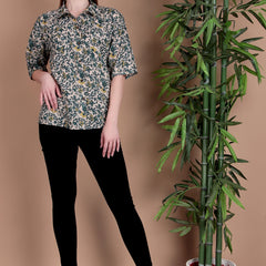 Miramaar Women's Cotton Spread Collar Green Printed Top