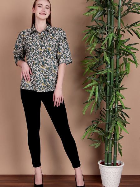 Miramaar Women's Cotton Spread Collar Green Printed Top