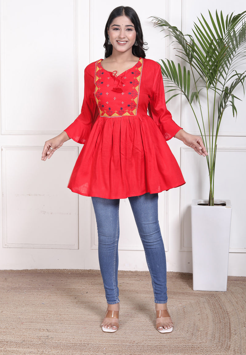 Miramaar Women's Rayon Embroidered Red Top