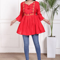 Miramaar Women's Rayon Embroidered Red Top