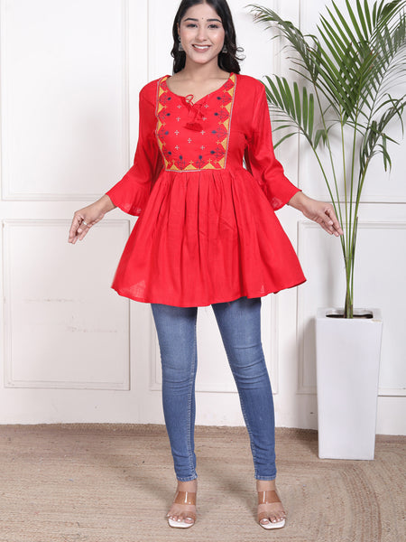 Miramaar Women's Rayon Embroidered Red Top