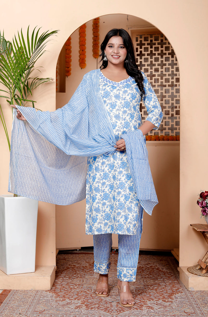 Miramaar Women's Beige & Blue Embroidered Kurta Pant with Dupatta