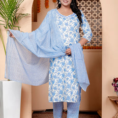 Miramaar Women's Beige & Blue Embroidered Kurta Pant with Dupatta