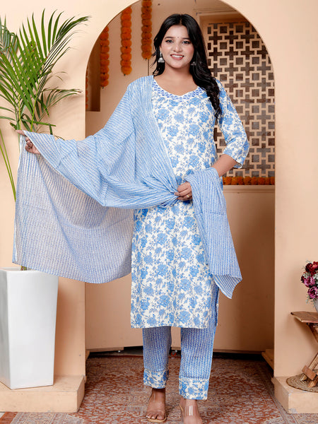 Miramaar Women's Beige & Blue Embroidered Kurta Pant with Dupatta