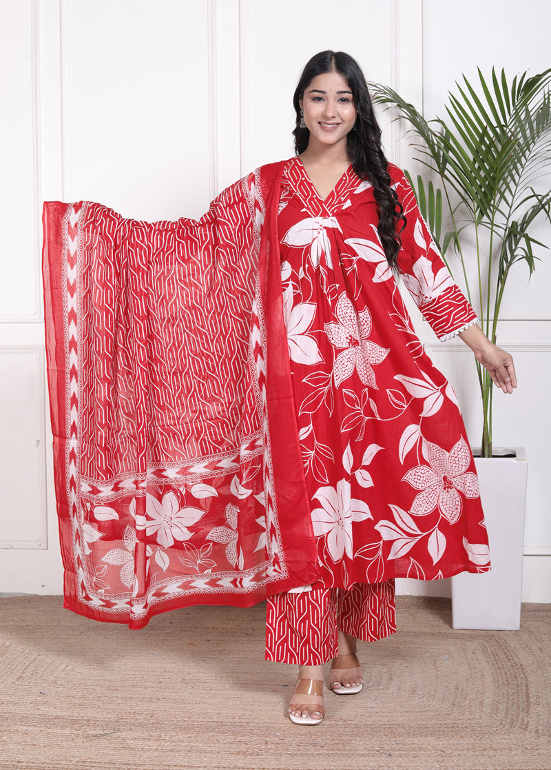 Miramaar Women's Red Printed A-line Cotton Adda Work Kurta Set with Dupatta