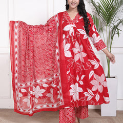 Miramaar Women's Red Printed A-line Cotton Adda Work Kurta Set with Dupatta