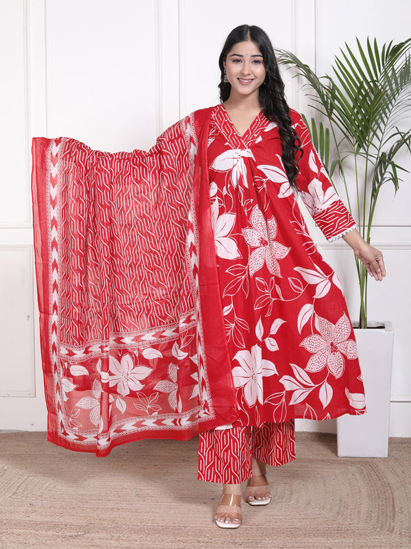 Miramaar Women's Red Printed A-line Cotton Adda Work Kurta Set with Dupatta