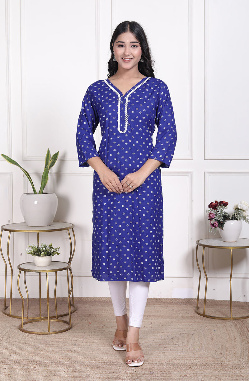 Miramaar Women's Blue Rayon Embroidered Kurtis