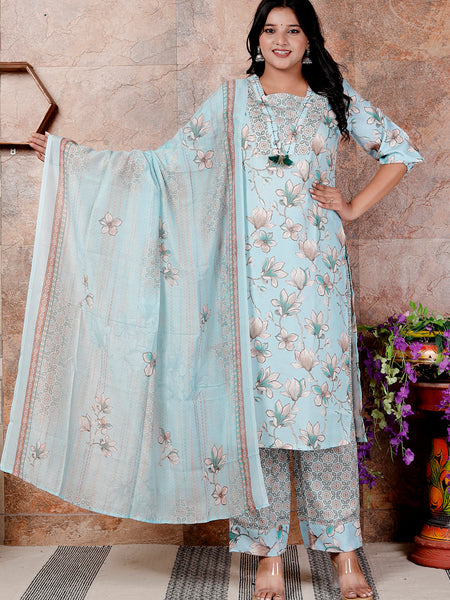 Miramaar Women's Green V-Neck Straight Linen Kurta Set with Dupataa