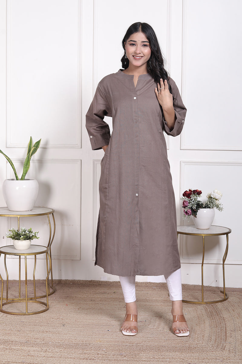 Miramaar Women's Cotton Brown Mandarin Collar Straight Kurti