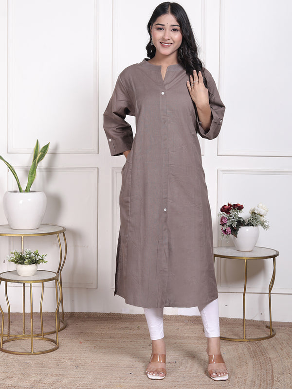 Miramaar Women's Cotton Brown Mandarin Collar Straight Kurti
