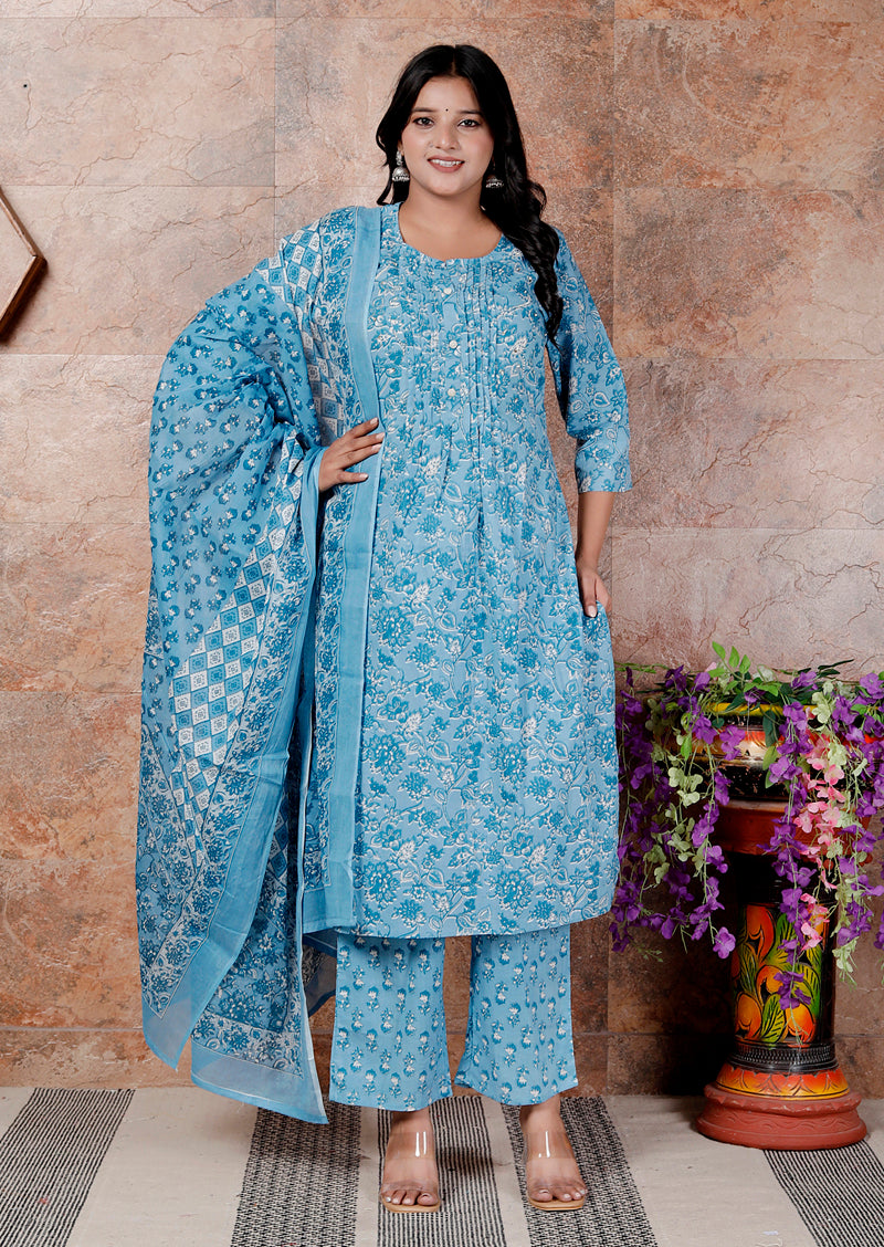 Miramaar Women's Blue Round Neck Hand Work Kurta Pant with Dupatta