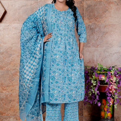 Miramaar Women's Blue Round Neck Hand Work Kurta Pant with Dupatta