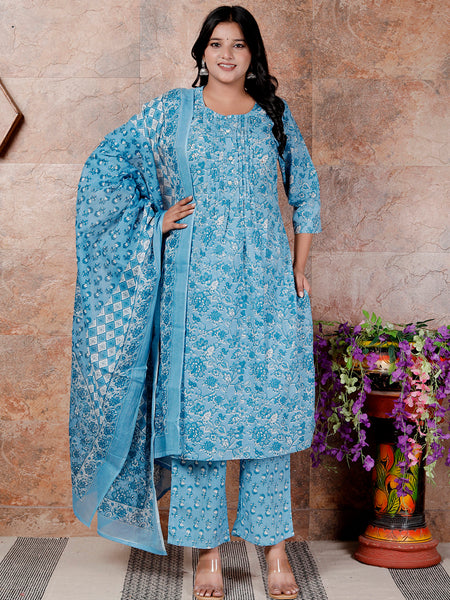 Miramaar Women's Blue Round Neck Hand Work Kurta Pant with Dupatta