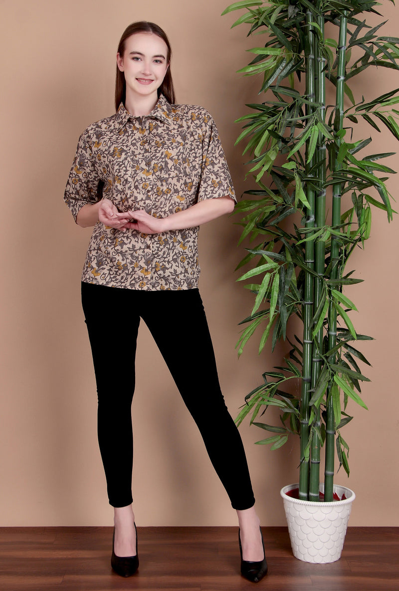 Miramaar Women's Cotton Spread Collar Brown Printed Top