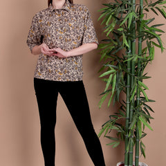 Miramaar Women's Cotton Spread Collar Brown Printed Top