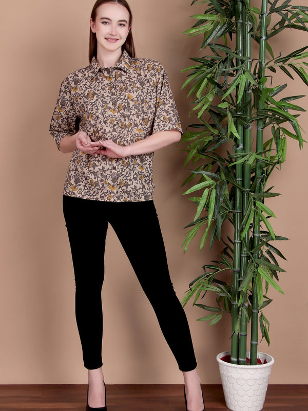 Miramaar Women's Cotton Spread Collar Brown Printed Top