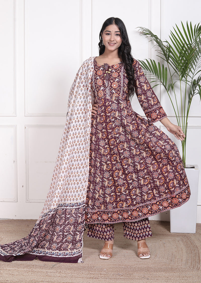Miramaar Women's Purple Cotton Anarkali Adda Work Kurta Set