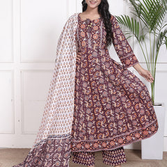 Miramaar Women's Purple Cotton Anarkali Adda Work Kurta Set