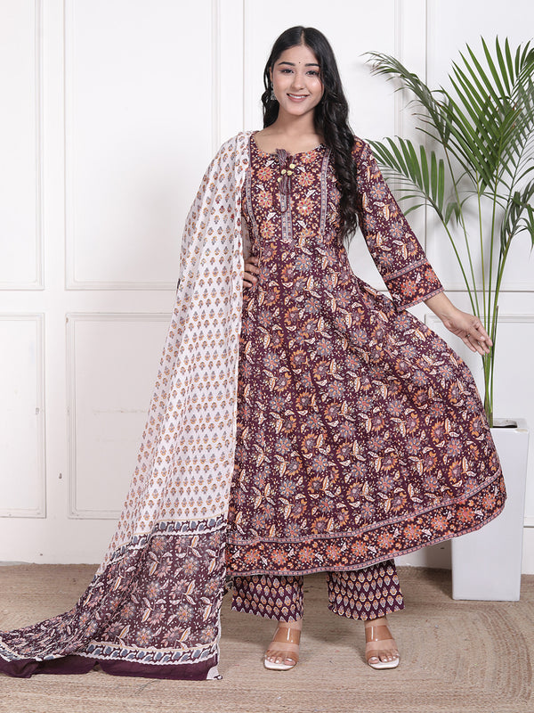 Miramaar Women's Purple Cotton Anarkali Adda Work Kurta Set