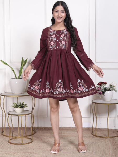 Miramaar Women's Cotton Maroon Embroidered Tunics