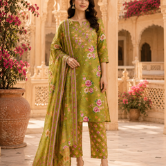 Miramaar Women's Green Cotton Straight Round Neck Hand Work Kurta Pant with Dupatta