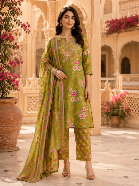 Miramaar Women's Green Cotton Straight Round Neck Hand Work Kurta Pant with Dupatta