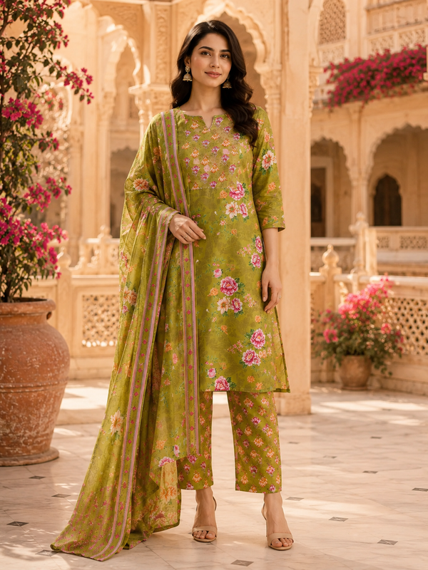 Miramaar Women's Green Cotton Straight Round Neck Hand Work Kurta Pant with Dupatta