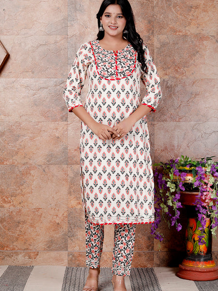 Miramaar Women's Off White Printed Straight Rayon Slub Kurta Pant Set