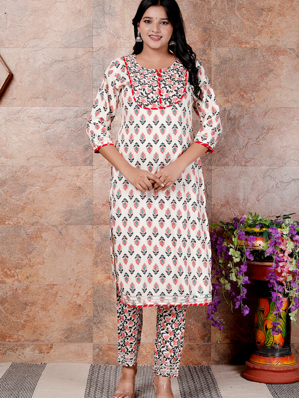 Miramaar Women's Off White Printed Straight Rayon Slub Kurta Pant Set