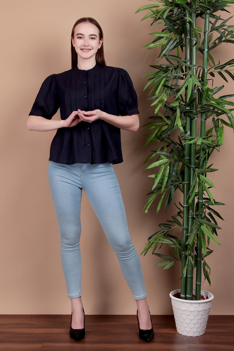 Miramaar Women's Cotton Flex Solid Blue Pintex Top