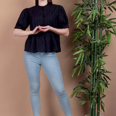 Miramaar Women's Cotton Flex Solid Blue Pintex Top