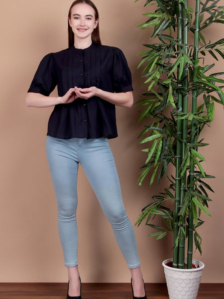 Miramaar Women's Cotton Flex Solid Blue Pintex Top