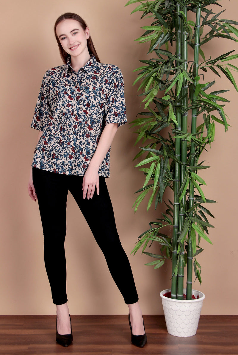 Miramaar Women's Cotton Spread Collar Blue Printed Top