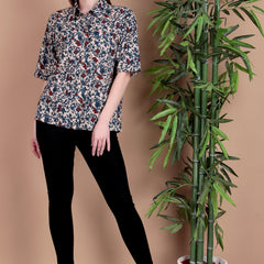 Miramaar Women's Cotton Spread Collar Blue Printed Top